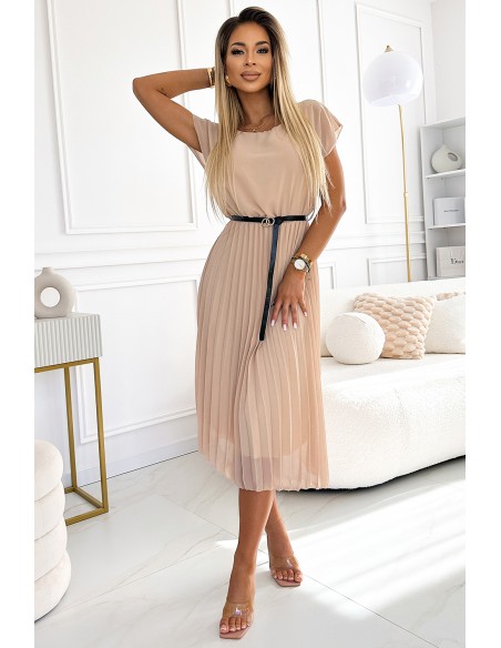  548-1 Pleated midi dress with a black belt - beige 