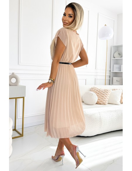  548-1 Pleated midi dress with a black belt - beige 