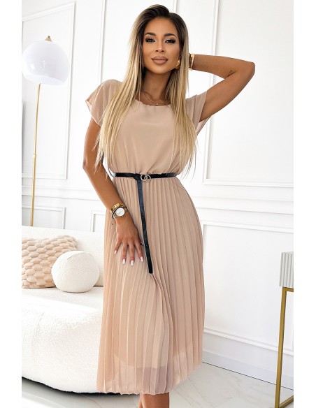  548-1 Pleated midi dress with a black belt - beige 