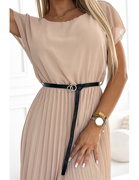  548-1 Pleated midi dress with a black belt - beige 