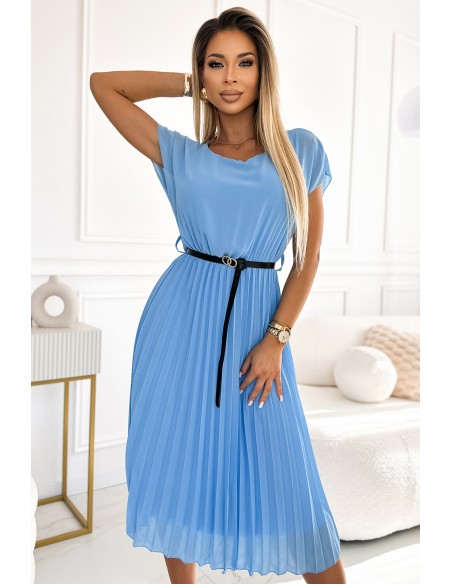  548-2 Pleated midi dress with a black belt - light blue 