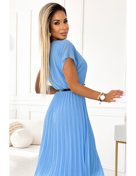  548-2 Pleated midi dress with a black belt - light blue 