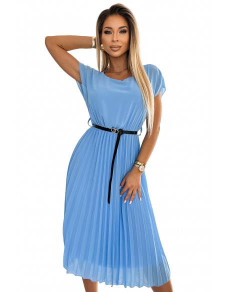  548-2 Pleated midi dress with a black belt - light blue 