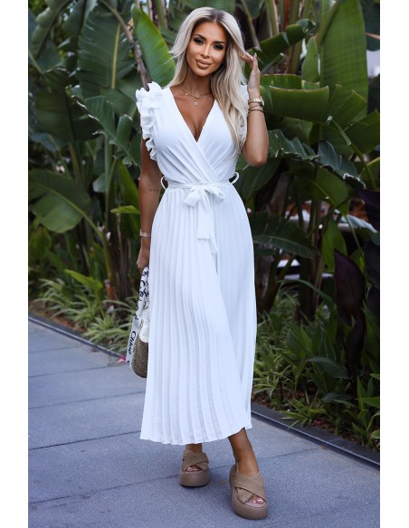  543-1 Pleated midi dress with a neckline and delicate ruffles - white 