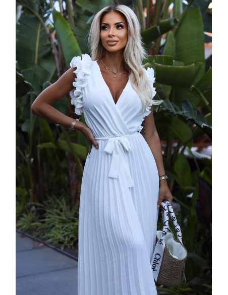  543-1 Pleated midi dress with a neckline and delicate ruffles - white 