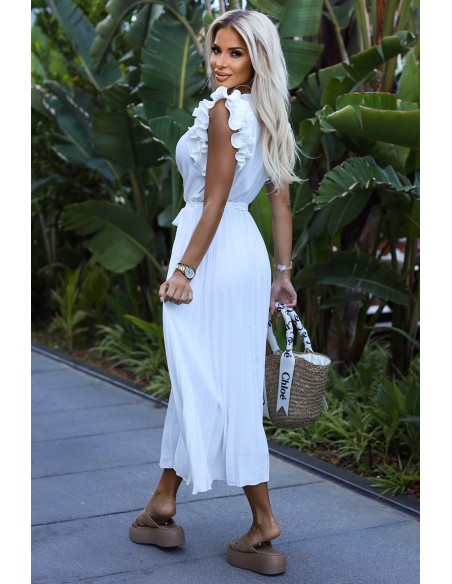  543-1 Pleated midi dress with a neckline and delicate ruffles - white 