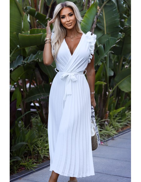  543-1 Pleated midi dress with a neckline and delicate ruffles - white 