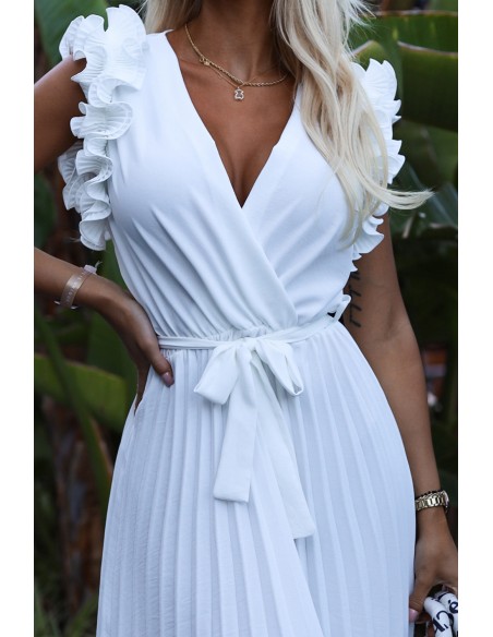  543-1 Pleated midi dress with a neckline and delicate ruffles - white 