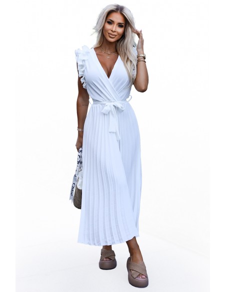  543-1 Pleated midi dress with a neckline and delicate ruffles - white 