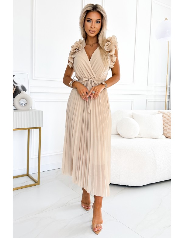  549-1 MIRABELLA Pleated chiffon midi dress with a neckline and delicate ruffles - beige 