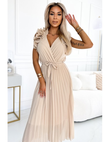  549-1 MIRABELLA Pleated chiffon midi dress with a neckline and delicate ruffles - beige 