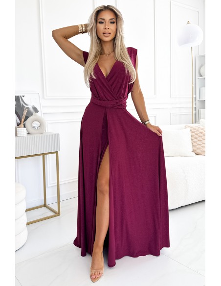  509-3 Elegant long dress tied in many ways - burgundy with glitter 