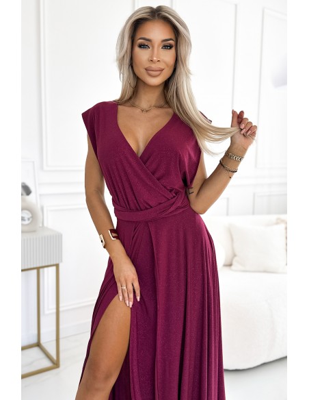  509-3 Elegant long dress tied in many ways - burgundy with glitter 