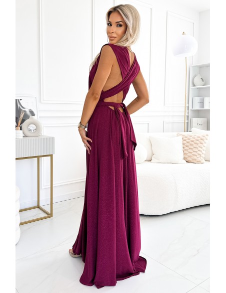  509-3 Elegant long dress tied in many ways - burgundy with glitter 