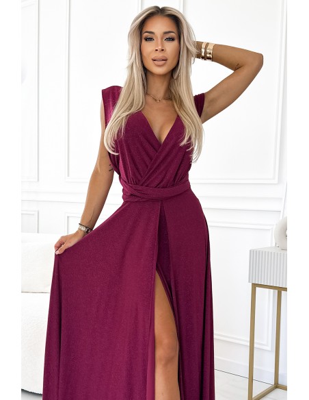  509-3 Elegant long dress tied in many ways - burgundy with glitter 