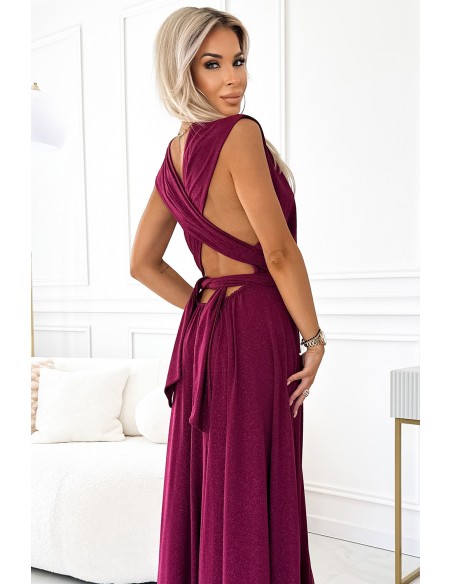  509-3 Elegant long dress tied in many ways - burgundy with glitter 