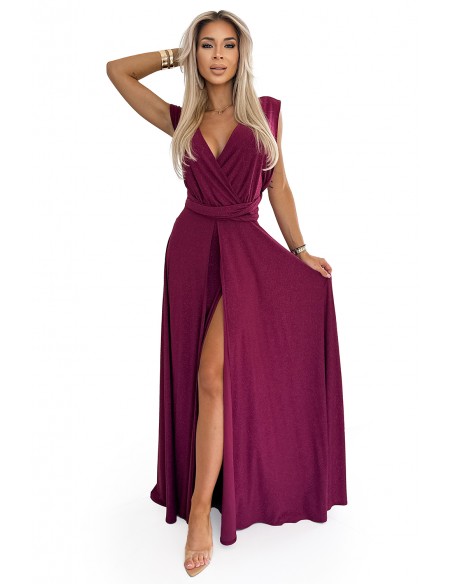  509-3 Elegant long dress tied in many ways - burgundy with glitter 