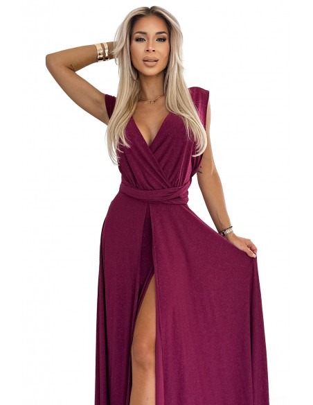  509-3 Elegant long dress tied in many ways - burgundy with glitter 