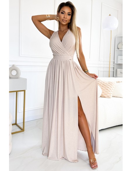  362-8 JUSTINE Long dress with a neckline and a tie at the back - beige with glitter 