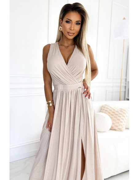  362-8 JUSTINE Long dress with a neckline and a tie at the back - beige with glitter 