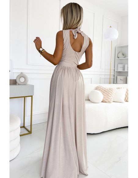  362-8 JUSTINE Long dress with a neckline and a tie at the back - beige with glitter 