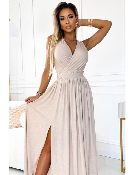  362-8 JUSTINE Long dress with a neckline and a tie at the back - beige with glitter 