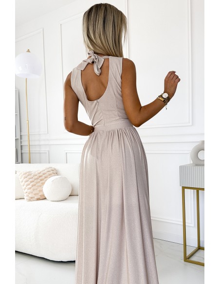  362-8 JUSTINE Long dress with a neckline and a tie at the back - beige with glitter 