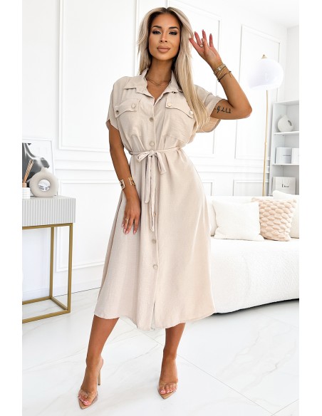  550-1 Midi shirtdress with gold buttons, ties and short sleeves - beige 