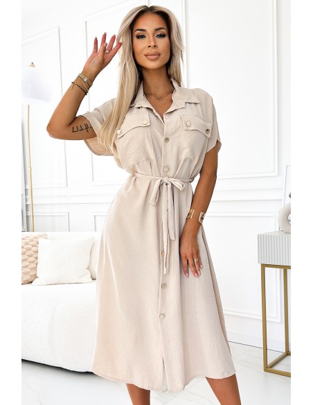  550-1 Midi shirtdress with gold buttons, ties and short sleeves - beige 