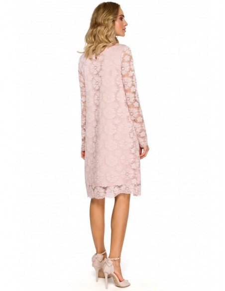 M406 lacy a-line dress with long sleeves - pink