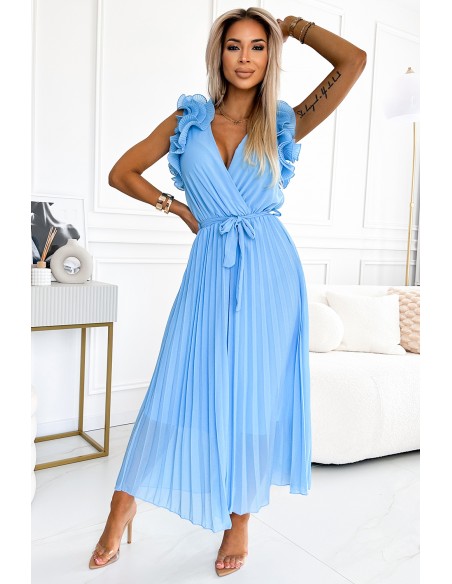  549-2 MIRABELLA Pleated chiffon midi dress with a neckline and delicate ruffles - light blue 