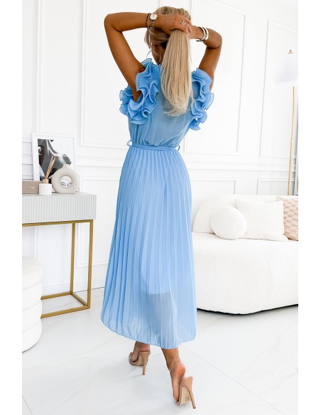  549-2 MIRABELLA Pleated chiffon midi dress with a neckline and delicate ruffles - light blue 