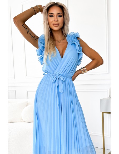  549-2 MIRABELLA Pleated chiffon midi dress with a neckline and delicate ruffles - light blue 