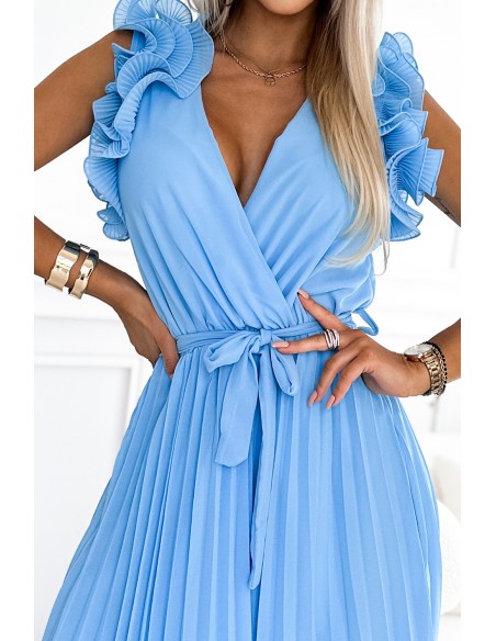  549-2 MIRABELLA Pleated chiffon midi dress with a neckline and delicate ruffles - light blue 