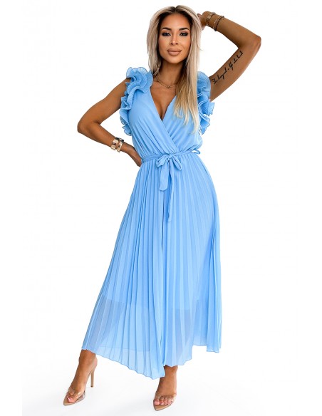  549-2 MIRABELLA Pleated chiffon midi dress with a neckline and delicate ruffles - light blue 