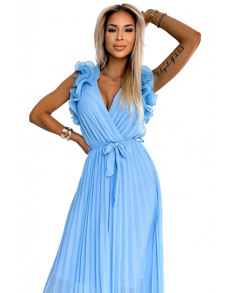  549-2 MIRABELLA Pleated chiffon midi dress with a neckline and delicate ruffles - light blue 