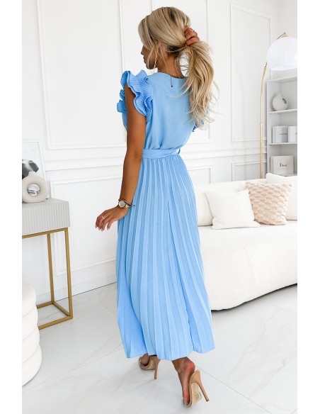  543-2 Pleated midi dress with a neckline and delicate ruffles - light blue 