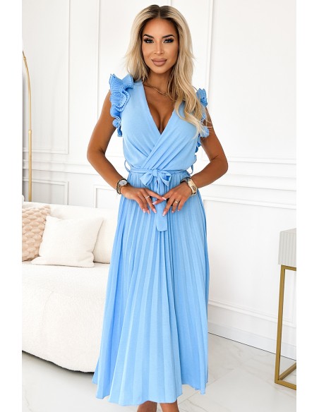  543-2 Pleated midi dress with a neckline and delicate ruffles - light blue 