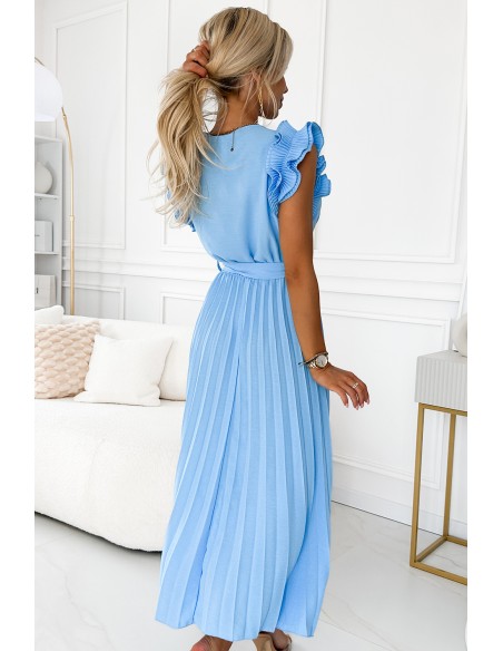  543-2 Pleated midi dress with a neckline and delicate ruffles - light blue 