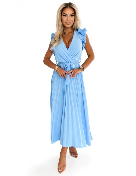  543-2 Pleated midi dress with a neckline and delicate ruffles - light blue 