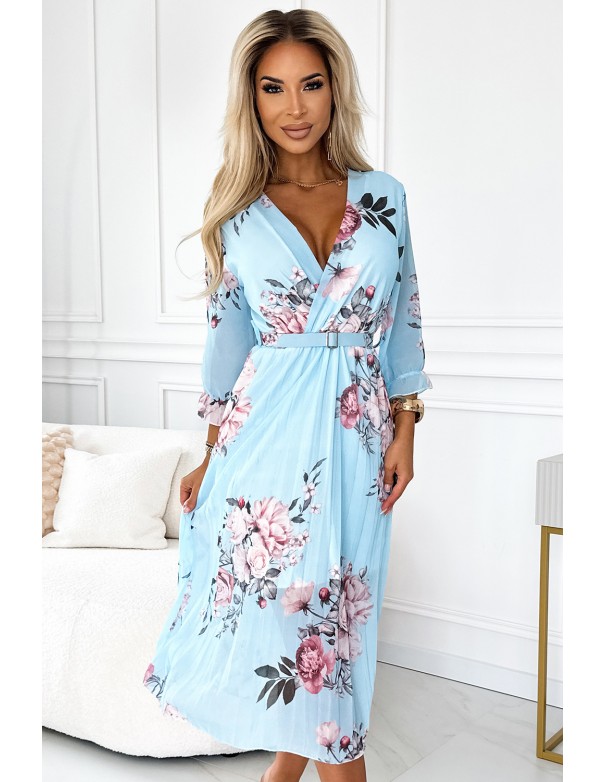  448-3 YUNA Pleated midi dress with a neckline and a belt - roses on a blue background 