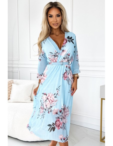  448-3 YUNA Pleated midi dress with a neckline and a belt - roses on a blue background 