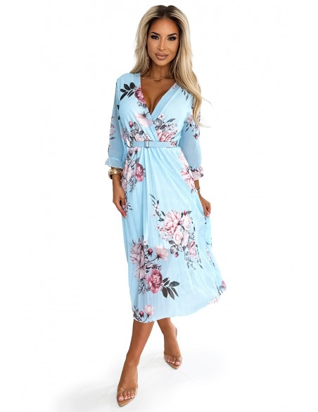  448-3 YUNA Pleated midi dress with a neckline and a belt - roses on a blue background 