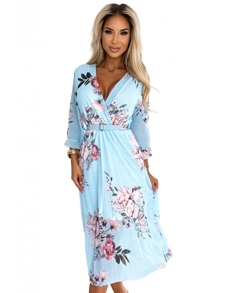  448-3 YUNA Pleated midi dress with a neckline and a belt - roses on a blue background 