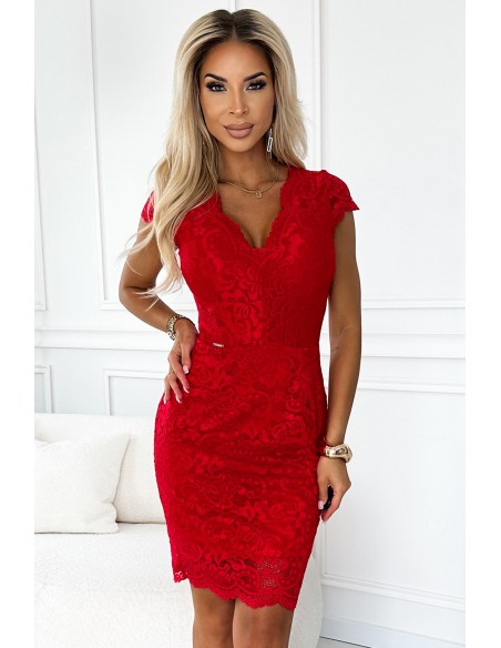  316-9 Lace dress with short sleeves and a neckline - red 