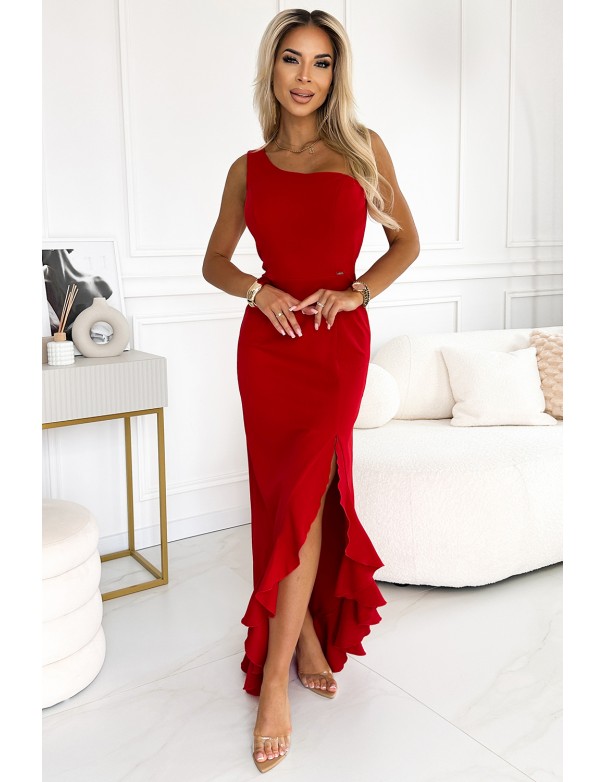  317-4 One shoulder long dress - red 