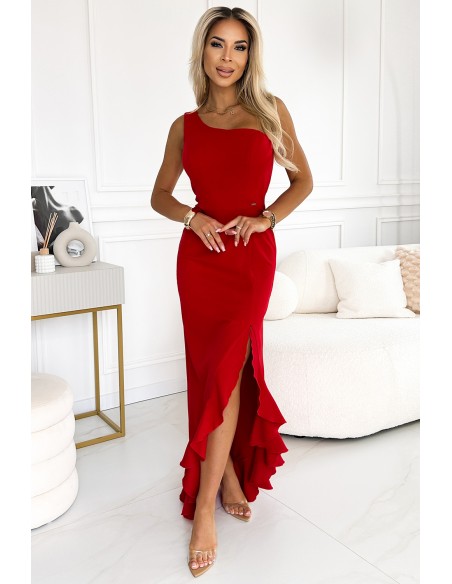  317-4 One shoulder long dress - red 