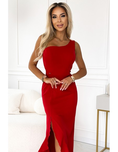  317-4 One shoulder long dress - red 