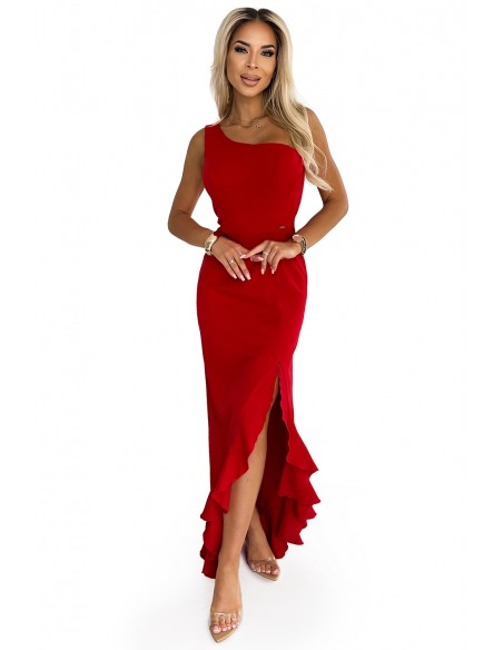  317-4 One shoulder long dress - red 