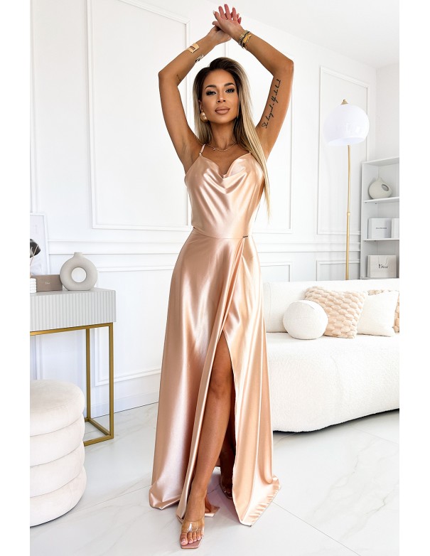  547-1 PERLA satin long dress with an exclusive neckline on the back - gold 